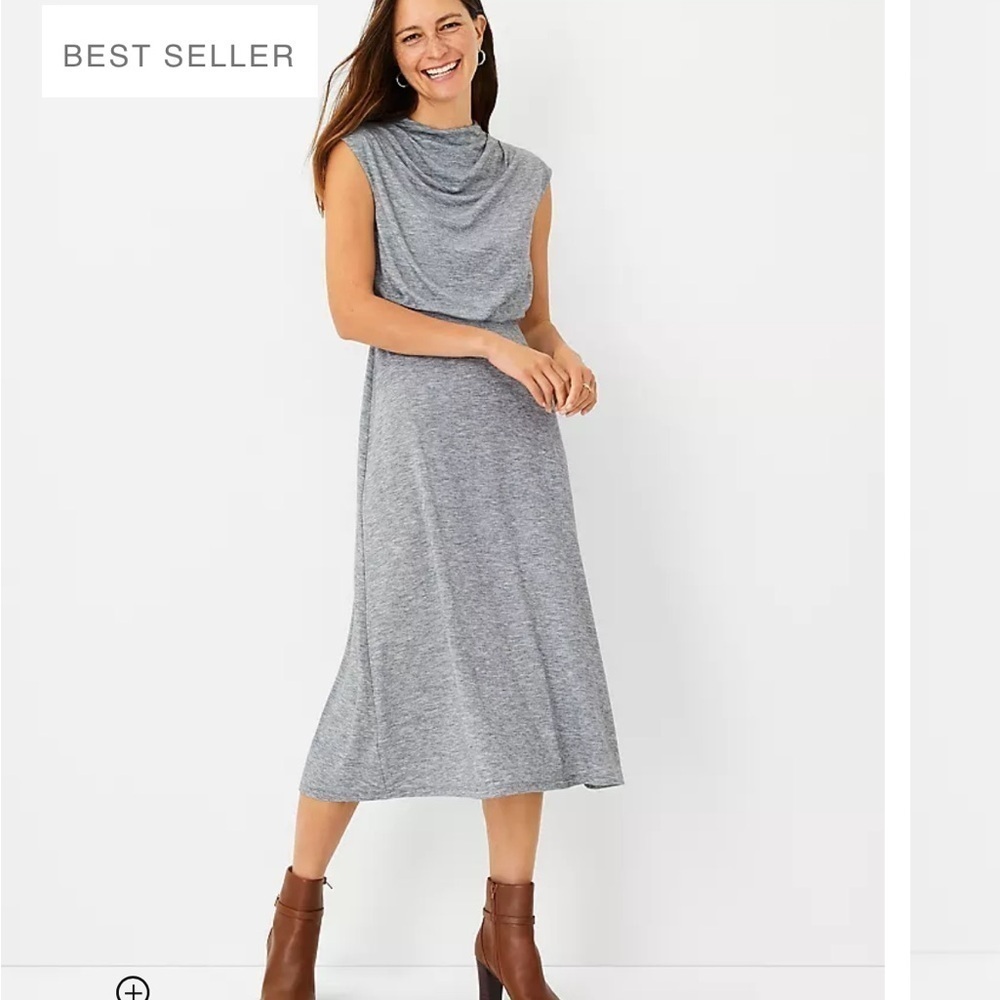 NWT Ann Taylor Mock Neck Blouson Flare Dress Grey Pleated Cap Sleeve Cinched
